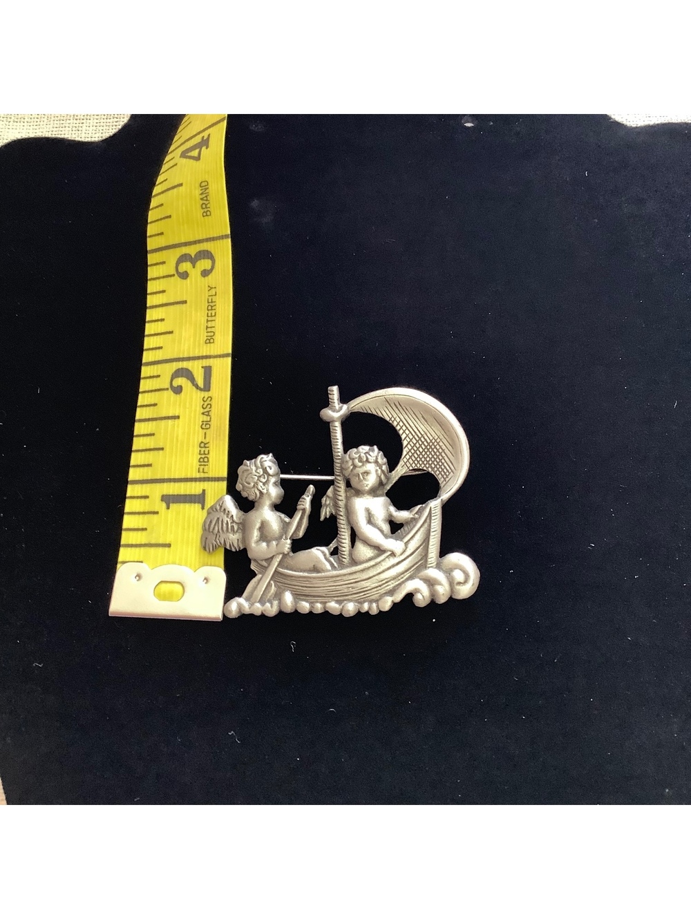 Vintage JJ Jonette Cherubs Sailing Boat Silver Tone Angel Cupid Figural Brooch